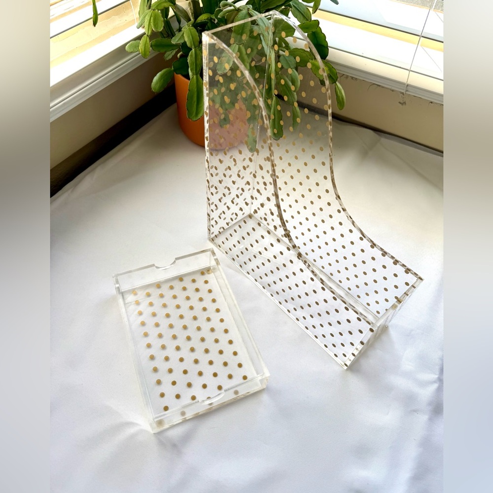 Acrylic gold and clear magazine file holder and catch all tray set of two